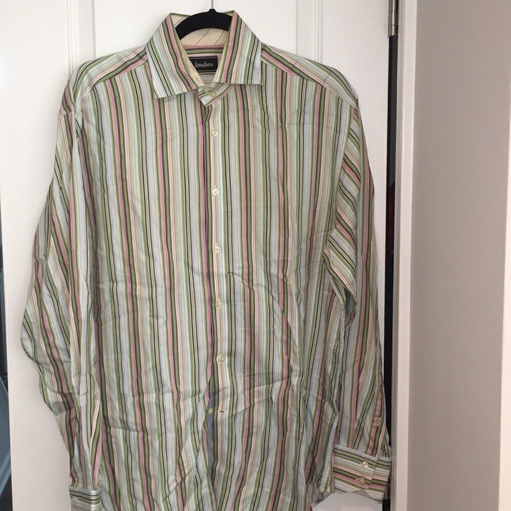 Neiman Marcus Pink Green Stripe dress shirt 16x35